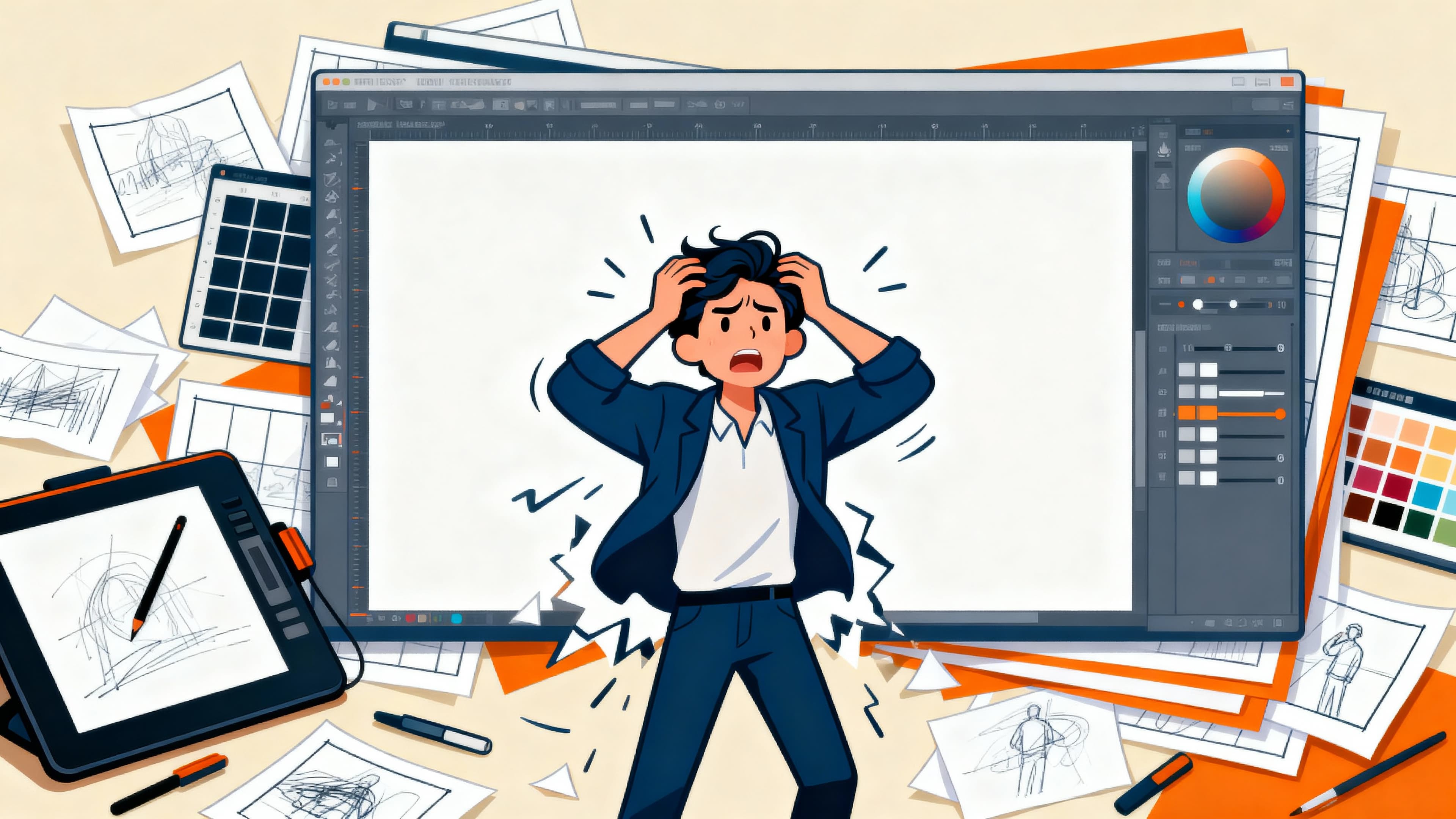Creative professional overwhelmed by storyboard tool interface, breaking free toward creative freedom